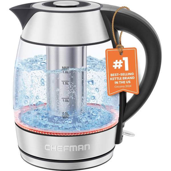 Chefman Glass Electric Kettle for Boiling Water, 1.8L 1500W, with Tea Infuser, Keep Warm Function